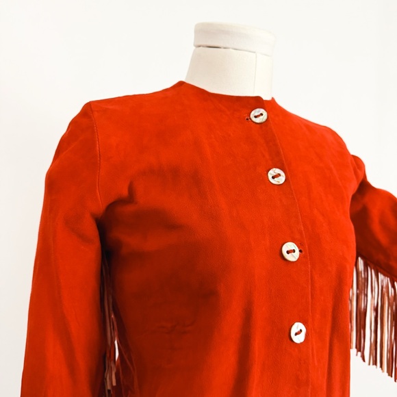 Vintage 90’s Fringe Trimmed Genuine Suede Leather Jacket in Mandarin Red Size 2 - Picture 7 of 10